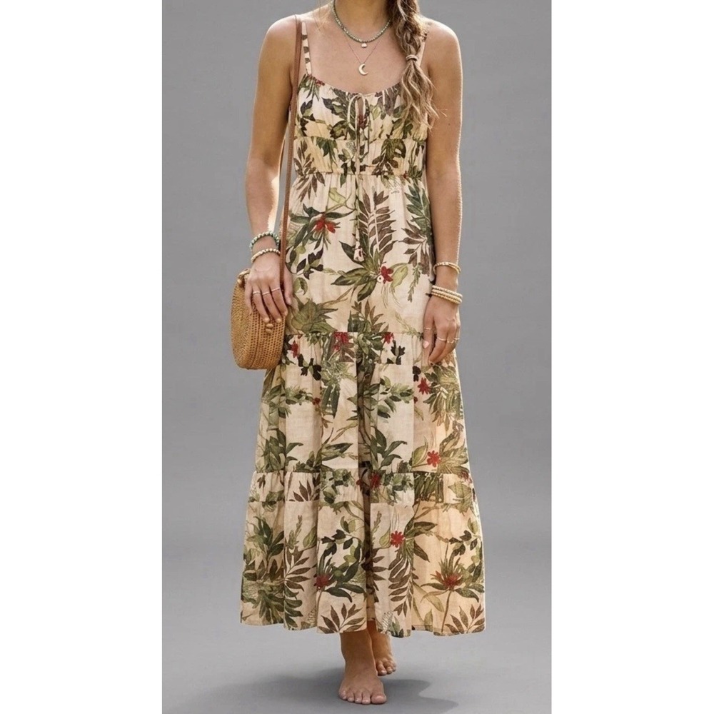 Taylor Maxi Dress Womens Small Tan Tropical Green Floral Tiered Pockets Beach